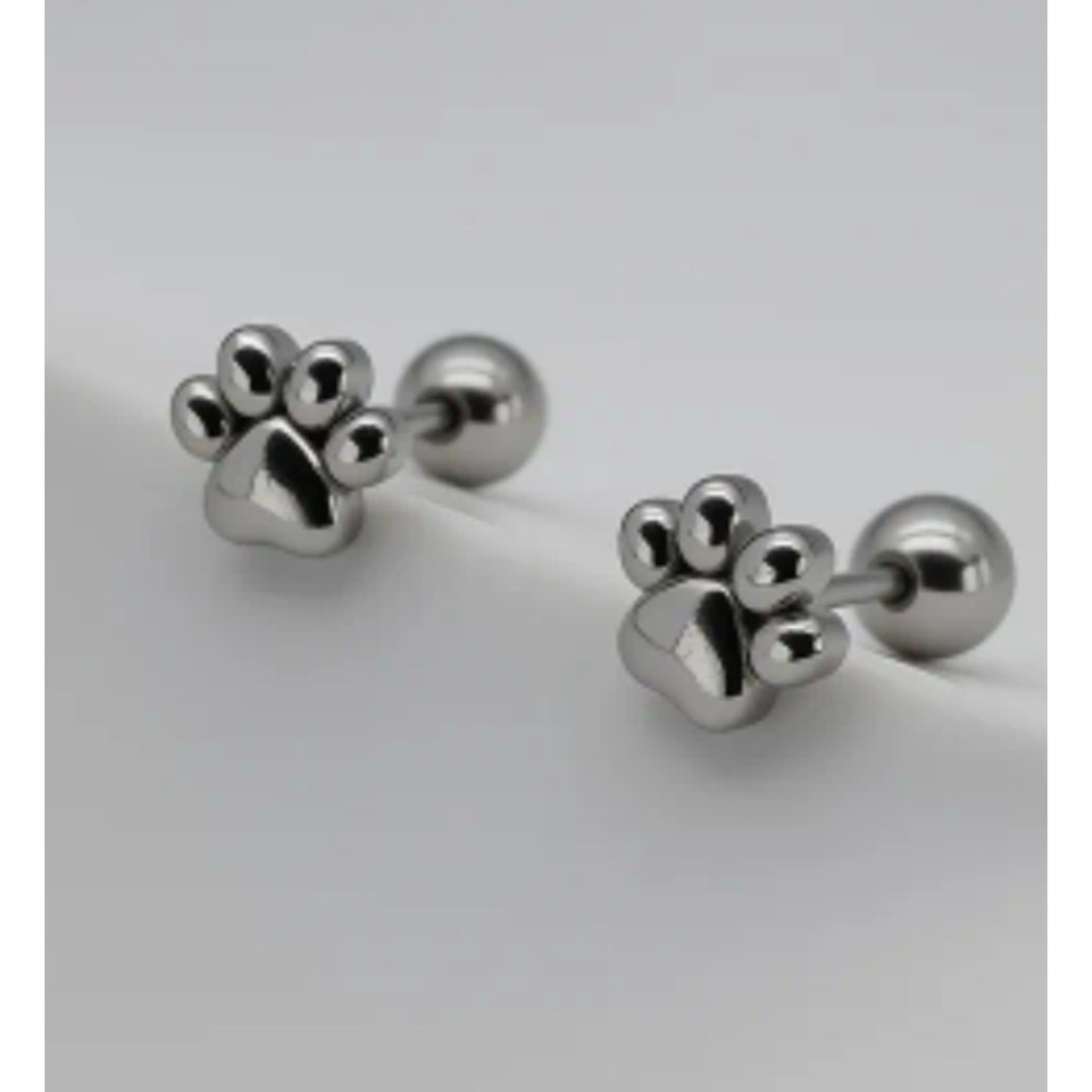 Silver Paw Print Stud Earrings Screw Back Ball Minimalist Pet Jewelry 6mm
